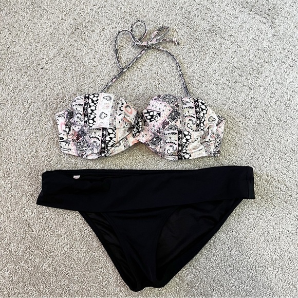 Victorias Secret Foldover Bikini Black Pink Sz 34C / M Convertible Cheeky Padded - Picture 1 of 12